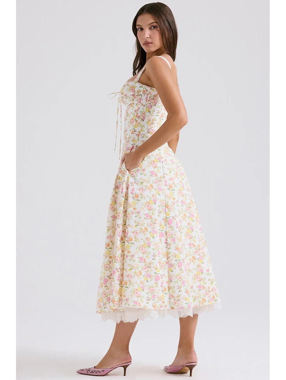 NEW, House of CB Rosalee ivory meadow print cotton bustier sundress L+ #MD2574